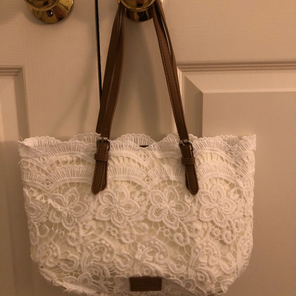 White Lace Tote Bag with Brown Handles